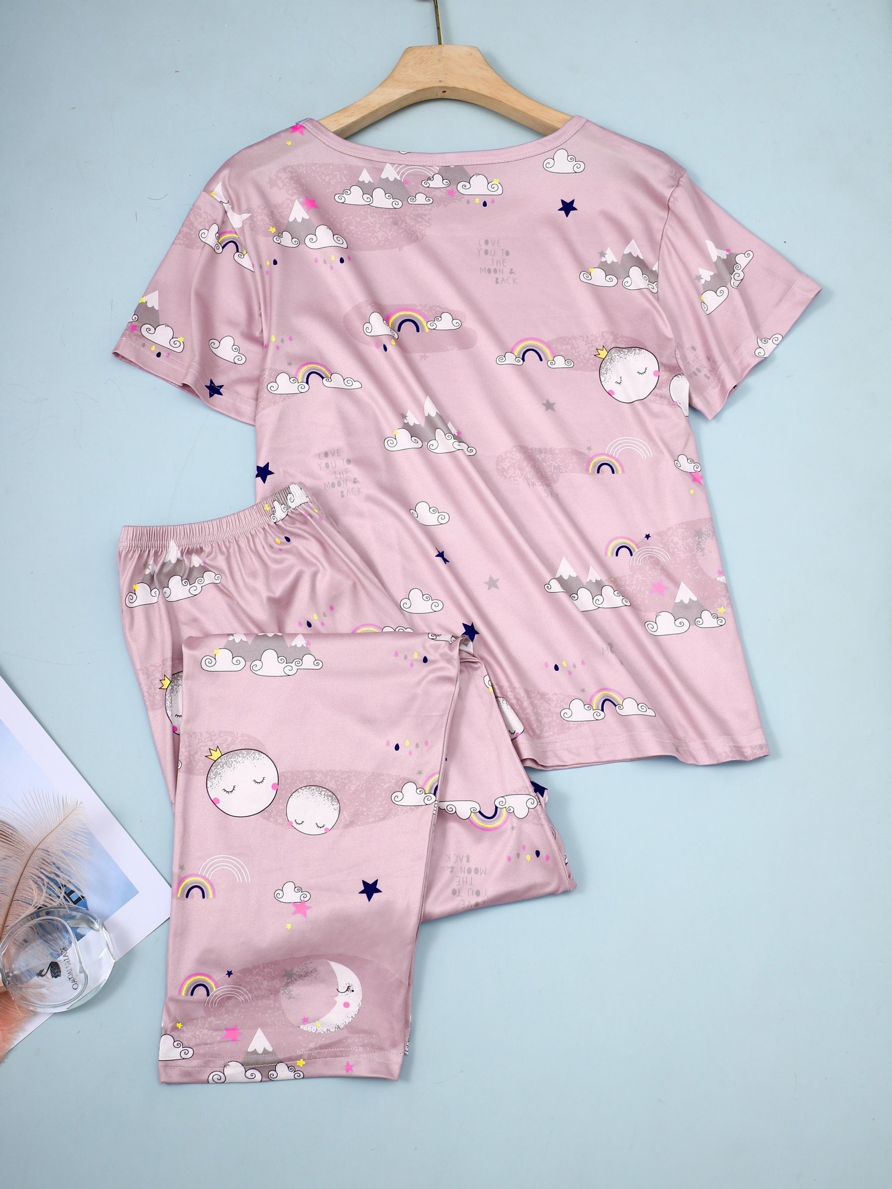 Rainbow & Moon Print Pajama Set Short Sleeve Top & Pants