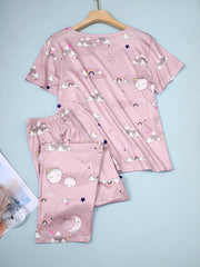 Rainbow & Moon Print Pajama Set Short Sleeve Top & Pants