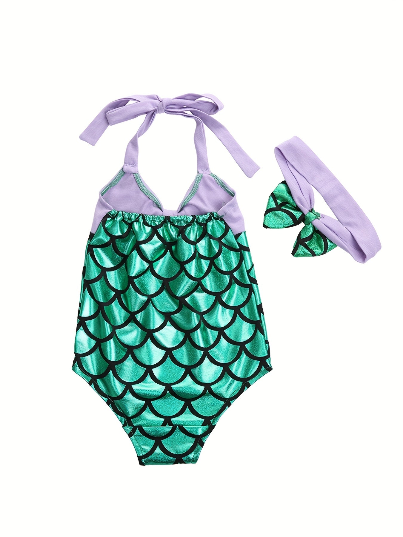 2pcs Toddler Girls Fish Scale Halter Swimsuit Set & Headband