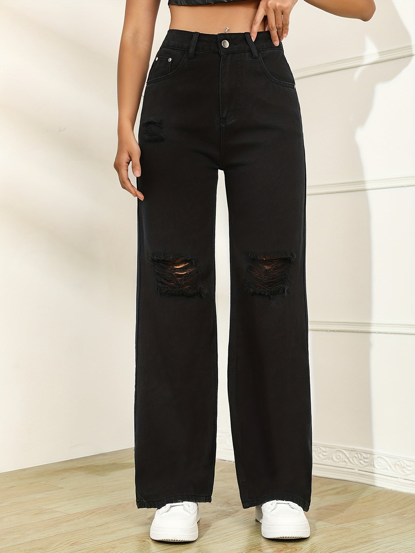 Distressed High Rise Wide Leg Jeans for Women