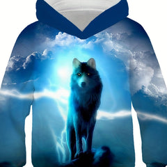 Boy's Sky & Wolf Graphic Hoodie Casual Breathable 3D Print Hooded Sweatshirt