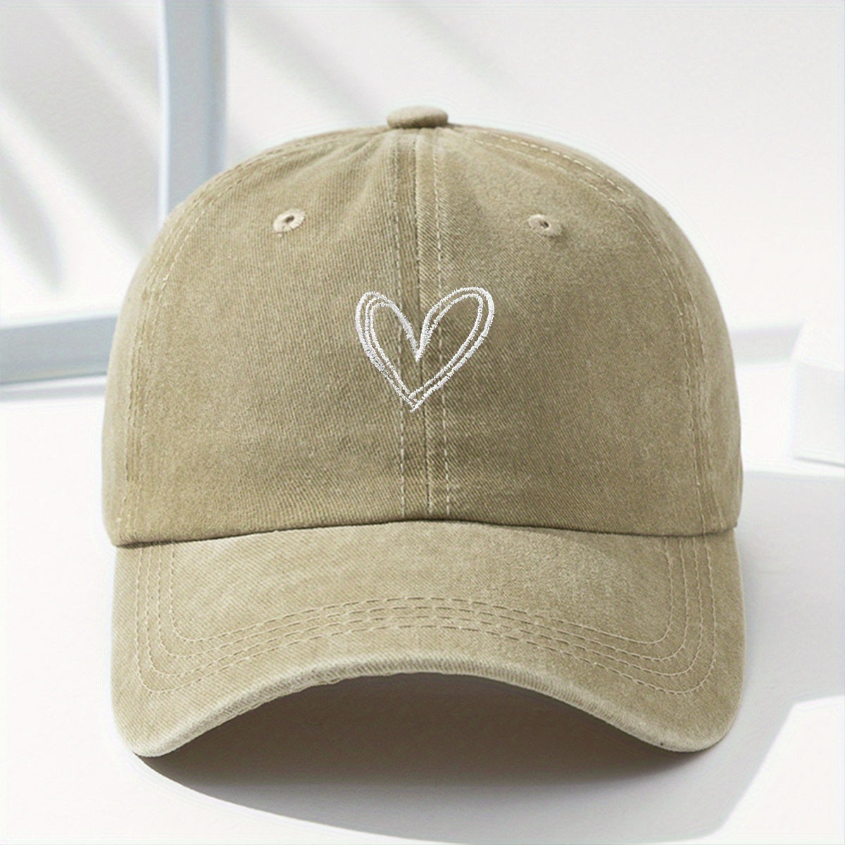 Washed Denim Heart Embroidery Baseball Cap