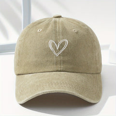 Washed Denim Heart Embroidery Baseball Cap