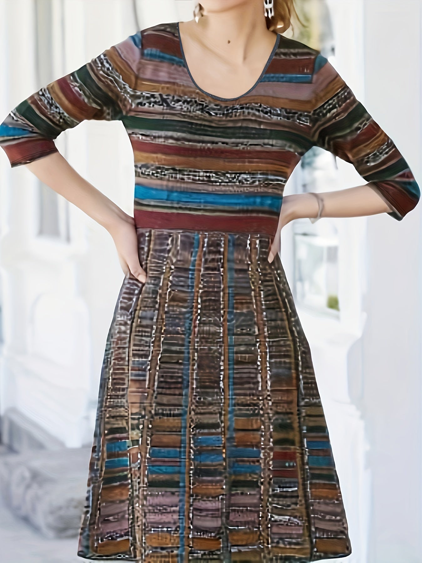 Plus Size Stripe Print Long Sleeve Round Neck High Stretch Dress