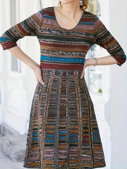 Plus Size Stripe Print Long Sleeve Round Neck High Stretch Dress