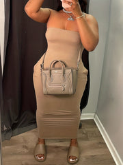 Women's Plus Size Strapless Maxi Tube Dress with Pockets