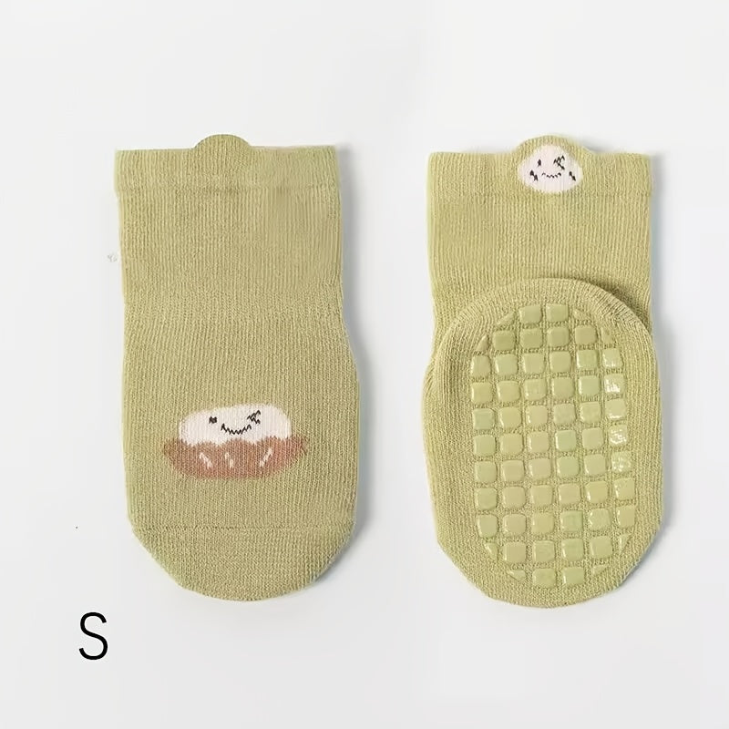 3 Pairs Baby Girl's Non Slip Socks - Animal Pattern Bottom Rubber Dot