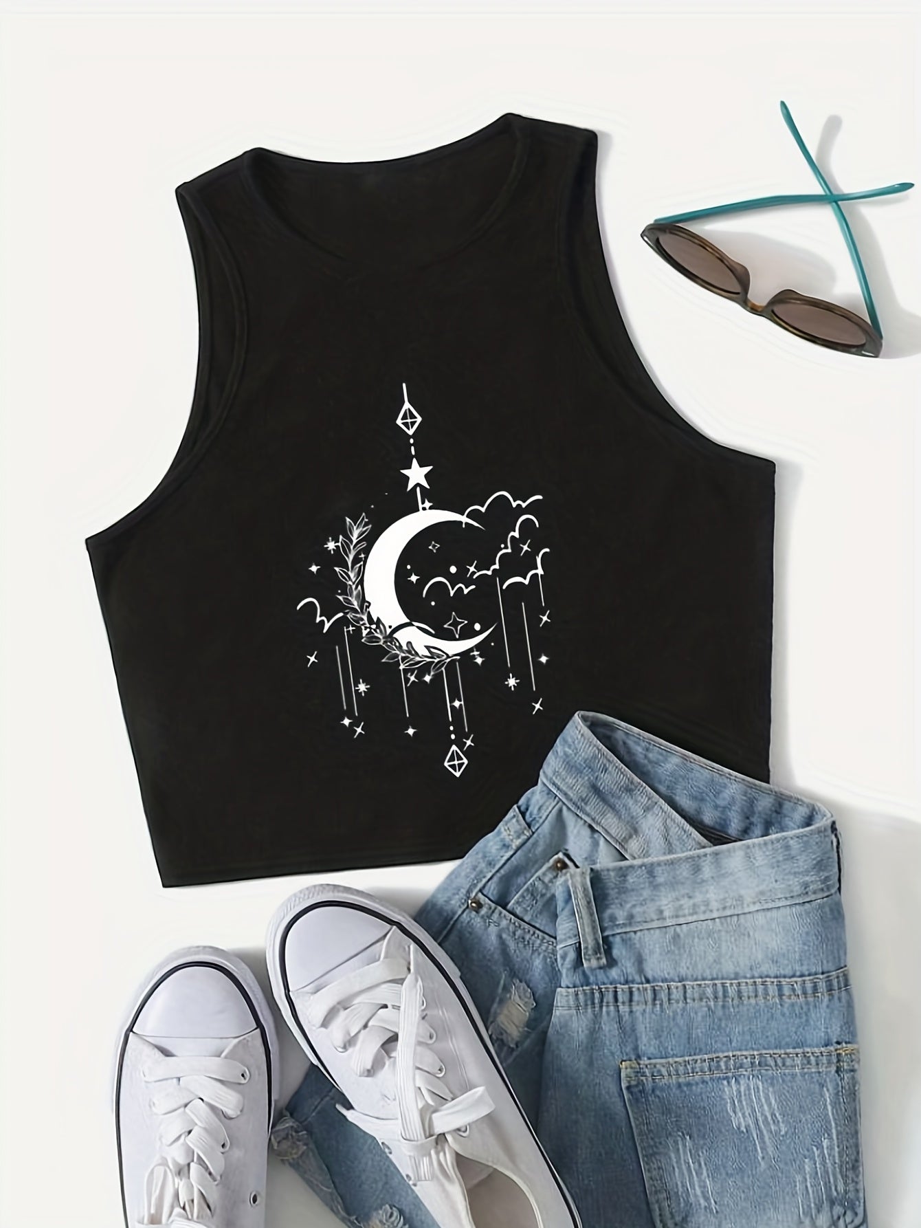 Moon Print Crop Tank Top Sexy Summer Sleeveless Casual Top Women's Clothing