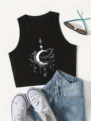 Moon Print Crop Tank Top Sexy Summer Sleeveless Casual Top Women's Clothing