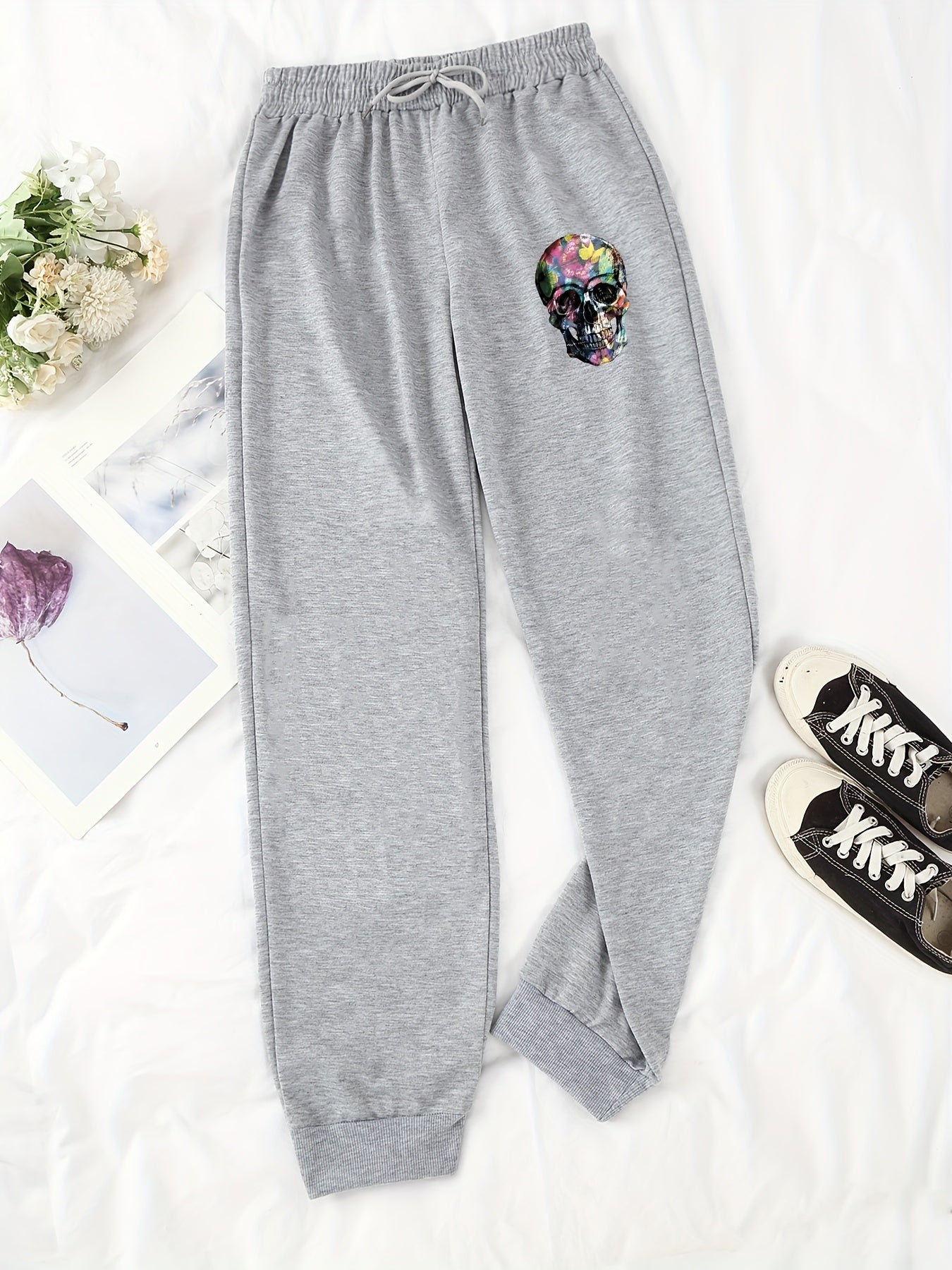 Skull Pattern Drawstring Joggers Casual Pants for Women