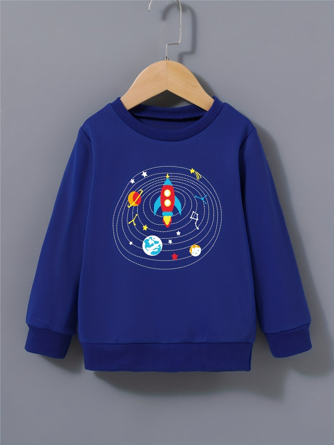 Cartoon Rocket Print Boys Sweatshirt Long Sleeve Crew Neck Tops