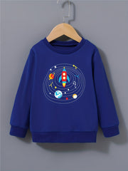 Cartoon Rocket Print Boys Sweatshirt Long Sleeve Crew Neck Tops