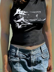 Y2k Graffiti Print Crop Tank Top Sleeveless Crew Neck Summer Women's Clothing