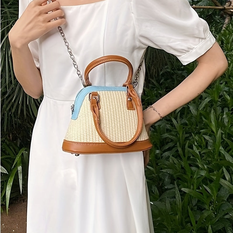 Colorblock Straw Satchel Bag Zipper Shoulder Chain Handbag