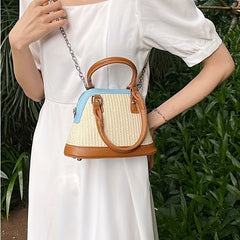 Colorblock Straw Satchel Bag Zipper Shoulder Chain Handbag