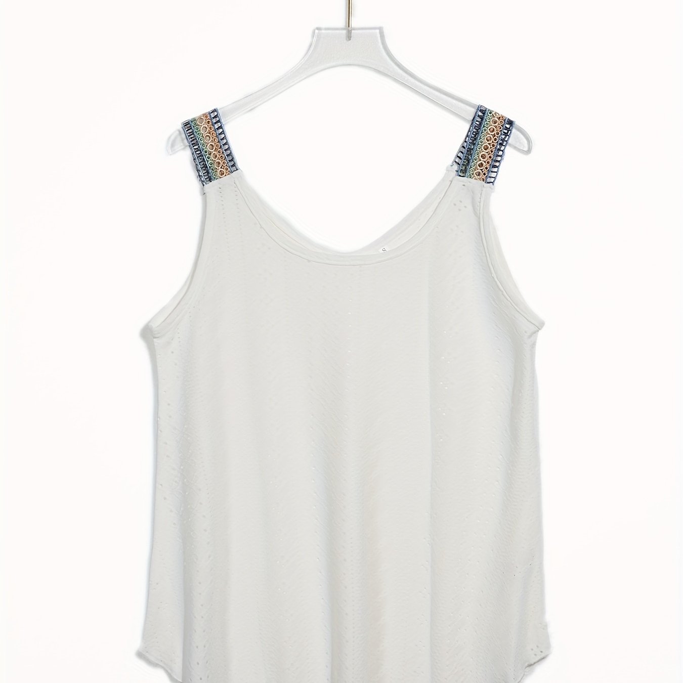 Eyelet Lace Stitching Tank Top Crew Neck Casual Top Women's Clothing