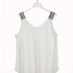 Eyelet Lace Stitching Tank Top Crew Neck Casual Top Women's Clothing