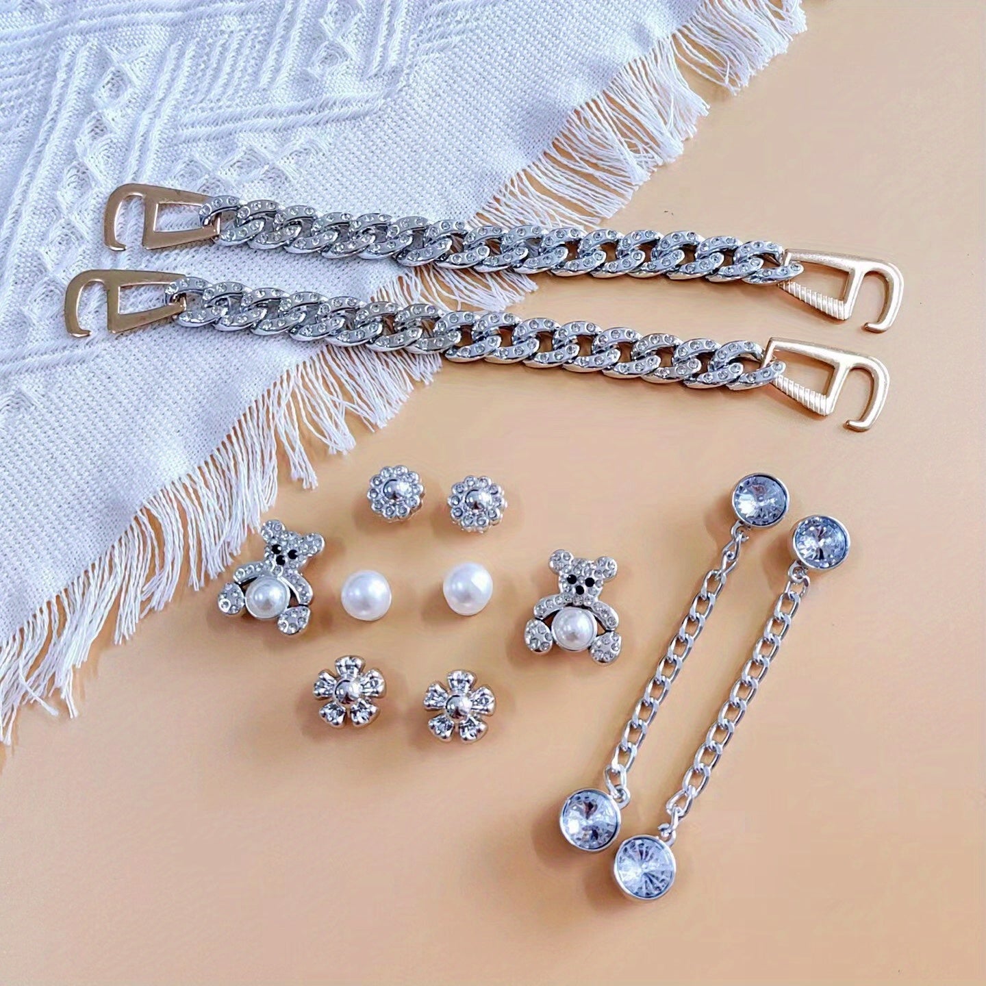 12pcs Hole Shoes Decoration Set Silver Bear Heart Rhinestone Chain