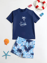 Boys Coconut Tree Swimwear Set Short Sleeves Quick Dry Casual Kids Clothes
