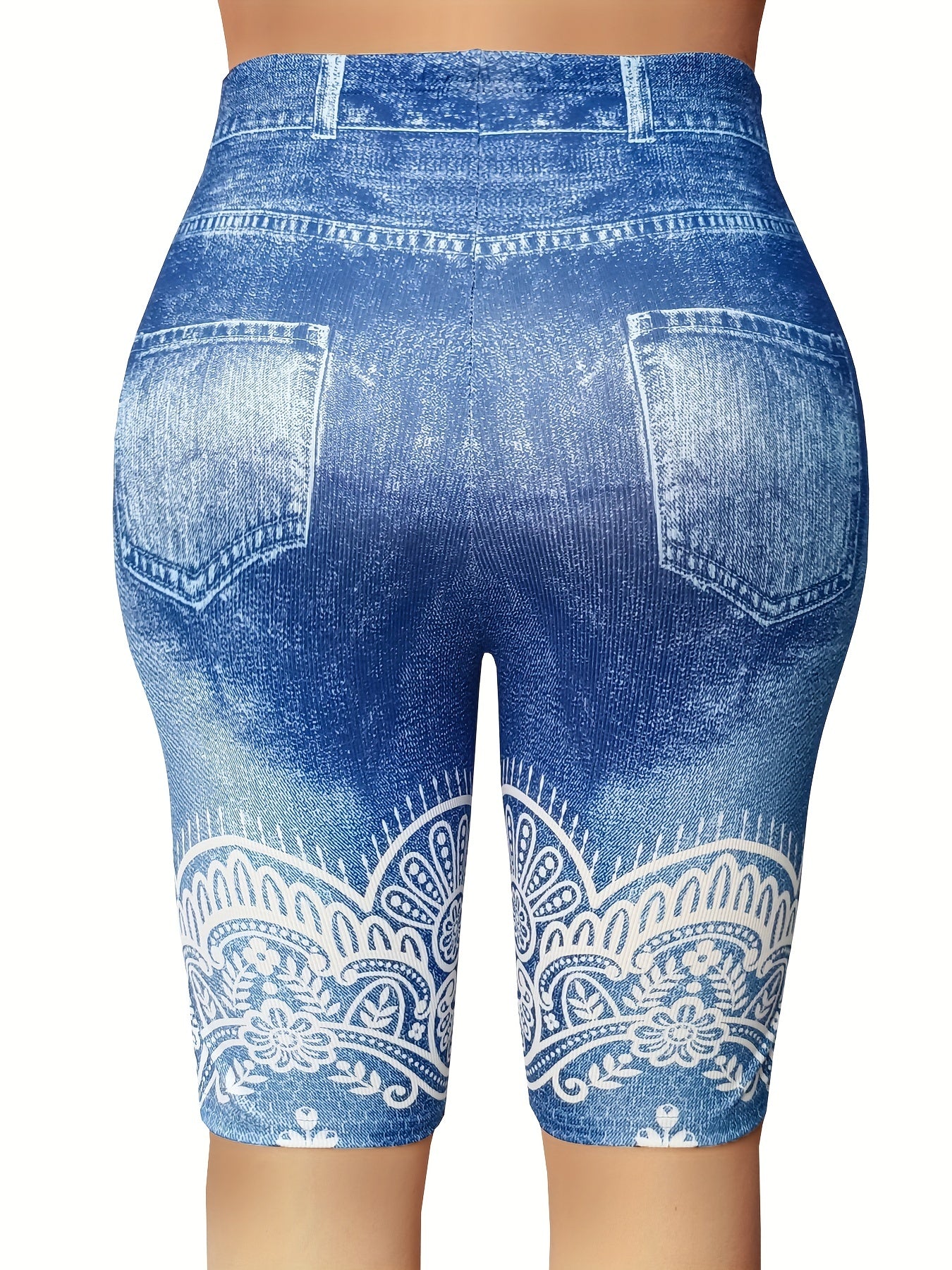 Denim & Floral Print Stretchy Skinny Leggings