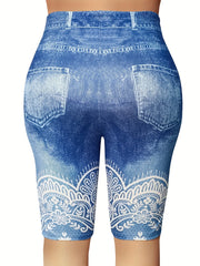 Denim & Floral Print Stretchy Skinny Leggings