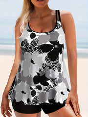 Vacay Tankini Set Floral & Dot Print Scoop Neck Top & Shorts Swim