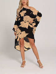 Floral Print Cover Up Dress One Shoulder Asymmetrical Rash Guard Kaftan