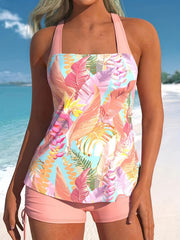 Boho Tankini Set Criss Cross Halter Neck Tropical Print