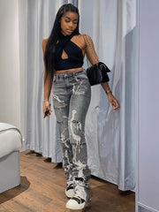 High Waist Ripped Straight Jeans Distressed Denim Pants Women's Clothing