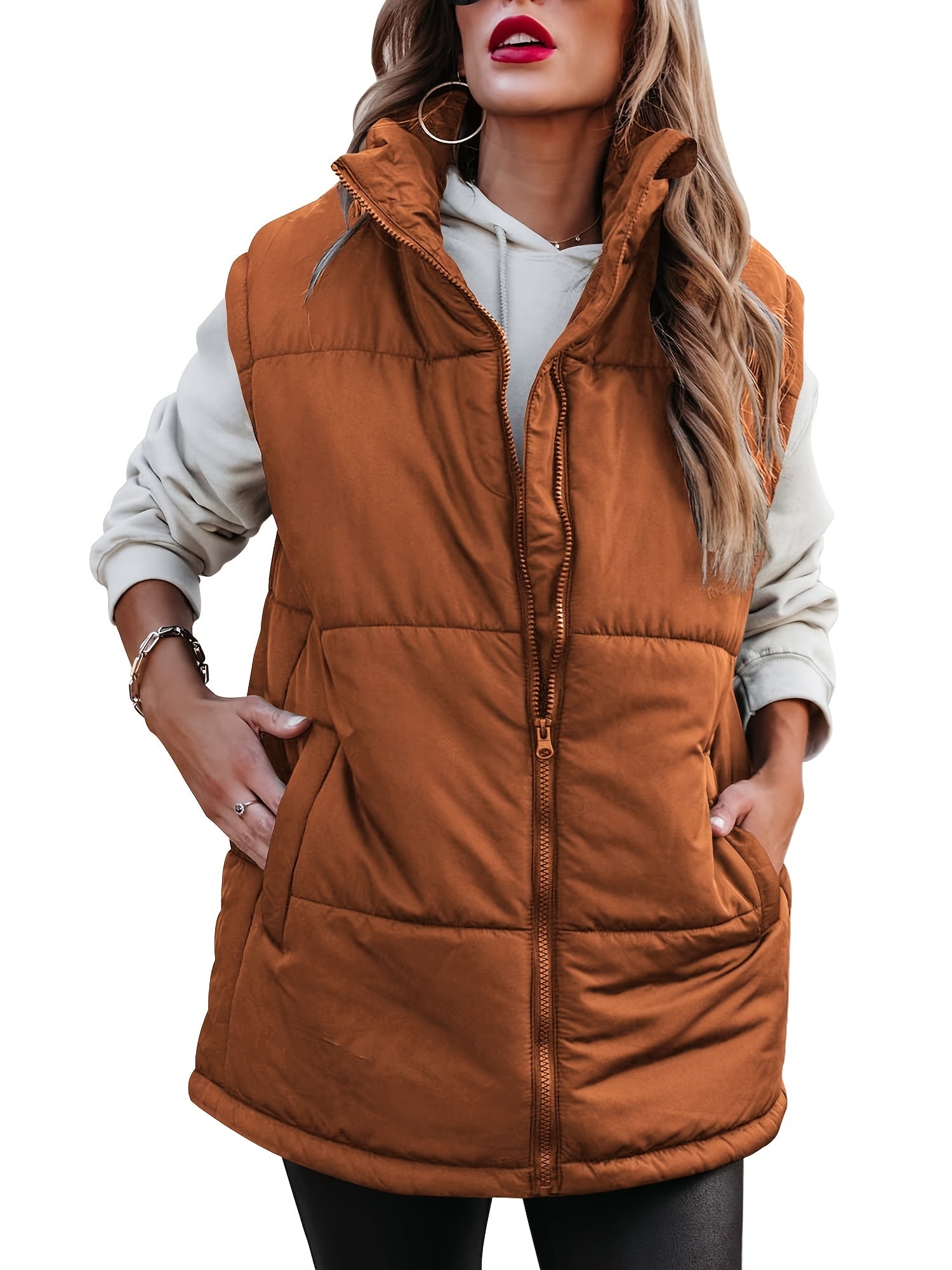 Solid Zip Up Sleeveless Jacket Casual Stand Collar Outerwear