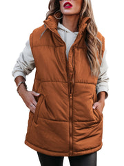 Solid Zip Up Sleeveless Jacket Casual Stand Collar Outerwear