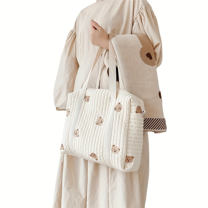 Bear Baby Stroller Bag Beige Cotton Zipper Diaper Handbag