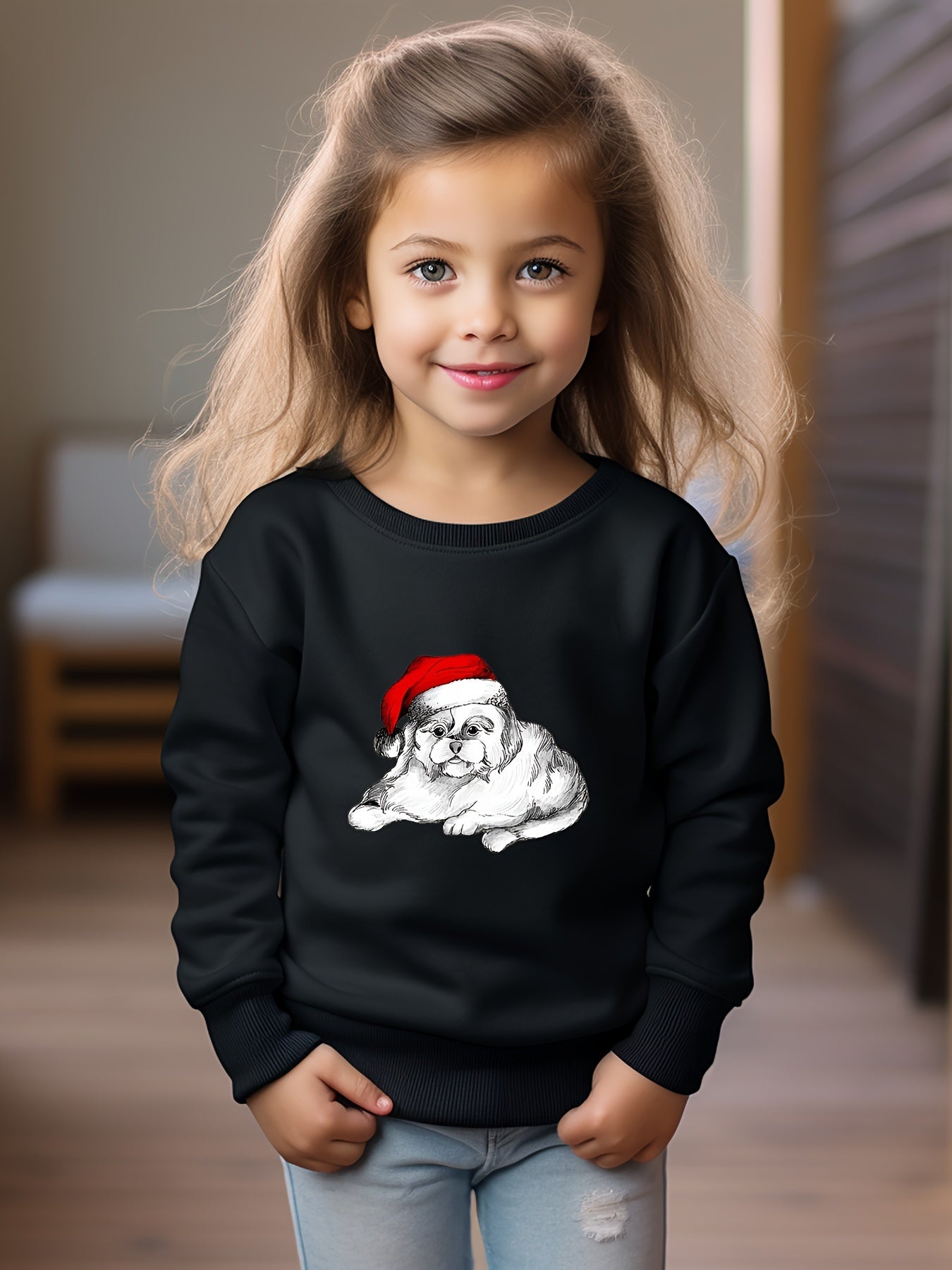 Christmas Dog Print Girls Pullover Sweatshirt Crew Neck Tops