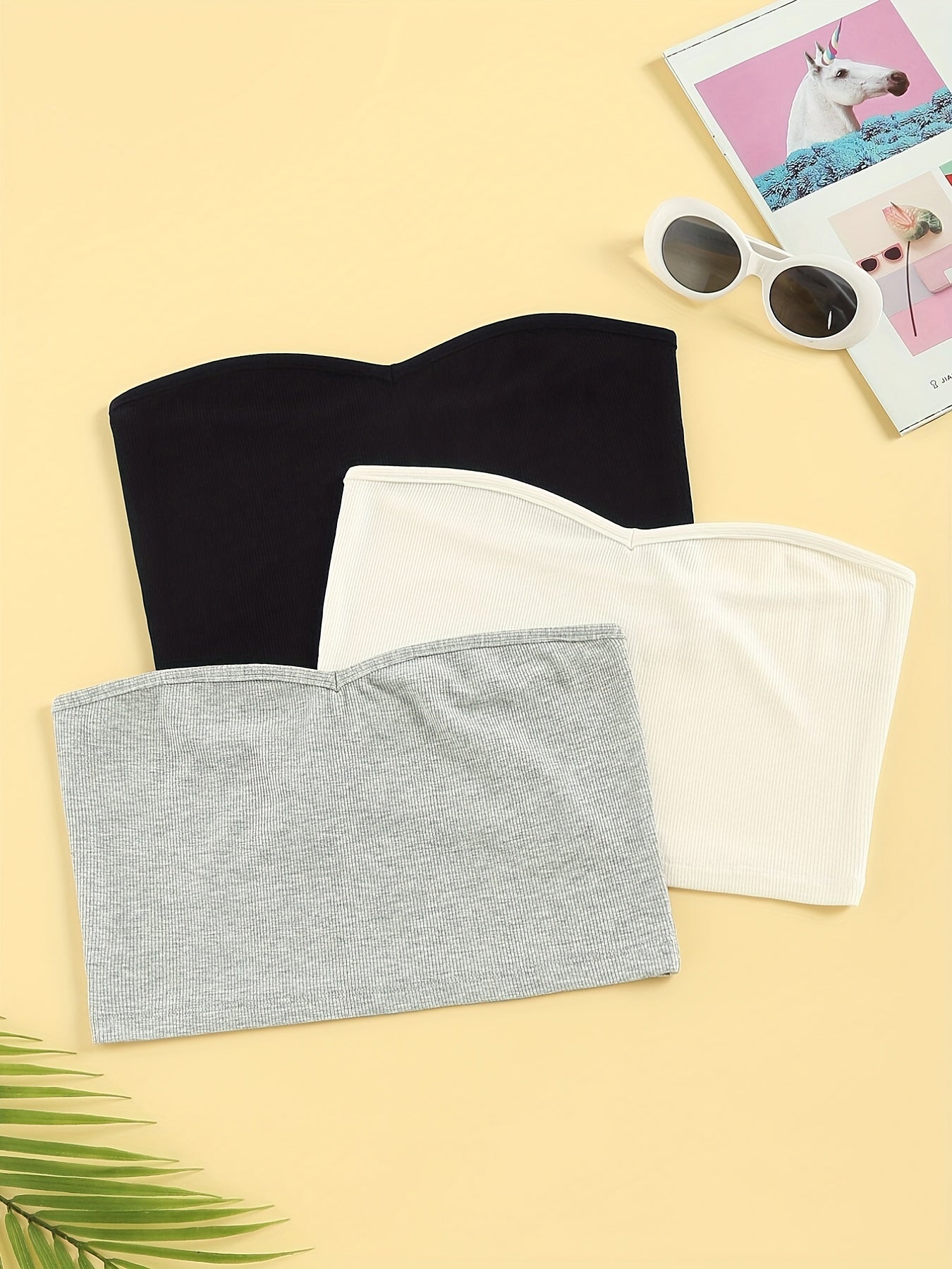 3pcs Solid Strapless Crop Tops Tube Top Women's Lingerie