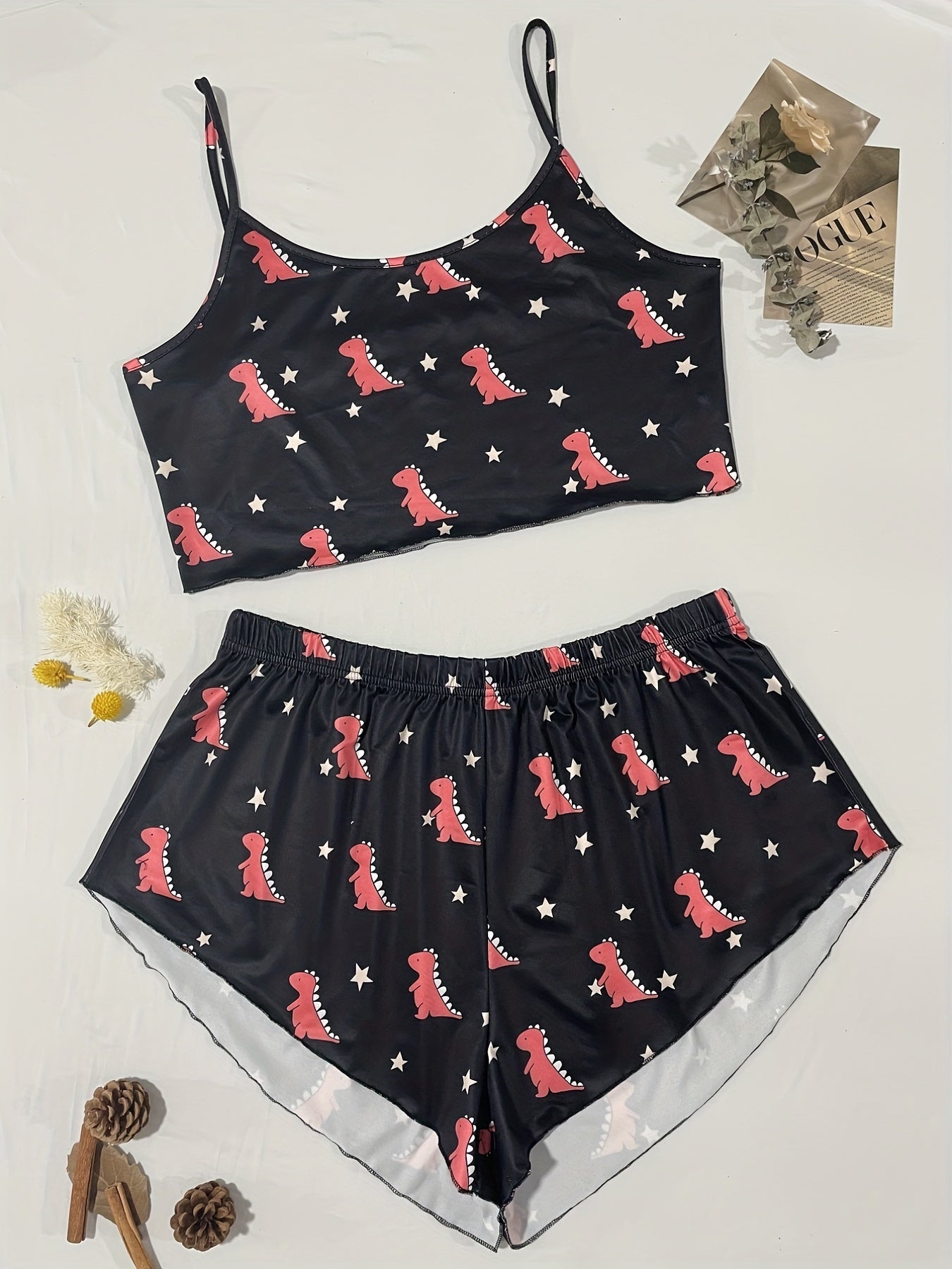 Dinosaur & Star Print Crop Cami Top & Shorts Pajama Set