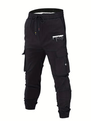Classic Pocket Cargo Pants Men's Casual Loose Fit Drawstring Solid Cargo Pants