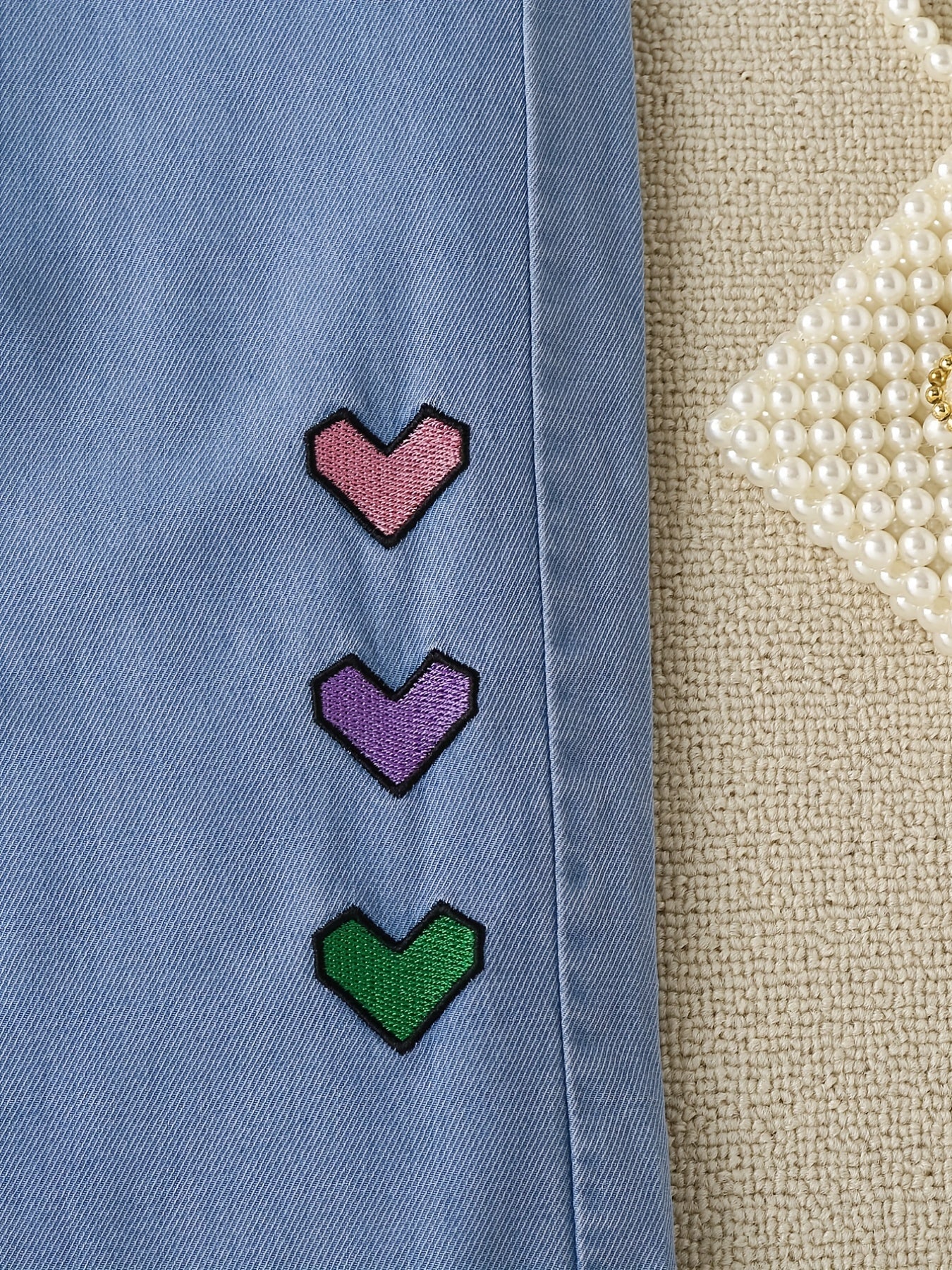 Girls Heart Embroidered Wide Leg Jeans for Spring Summer