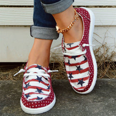 Polka Dot & American Flag Boat Shoes Lace Up Walking Shoes Round Toe Sneakers