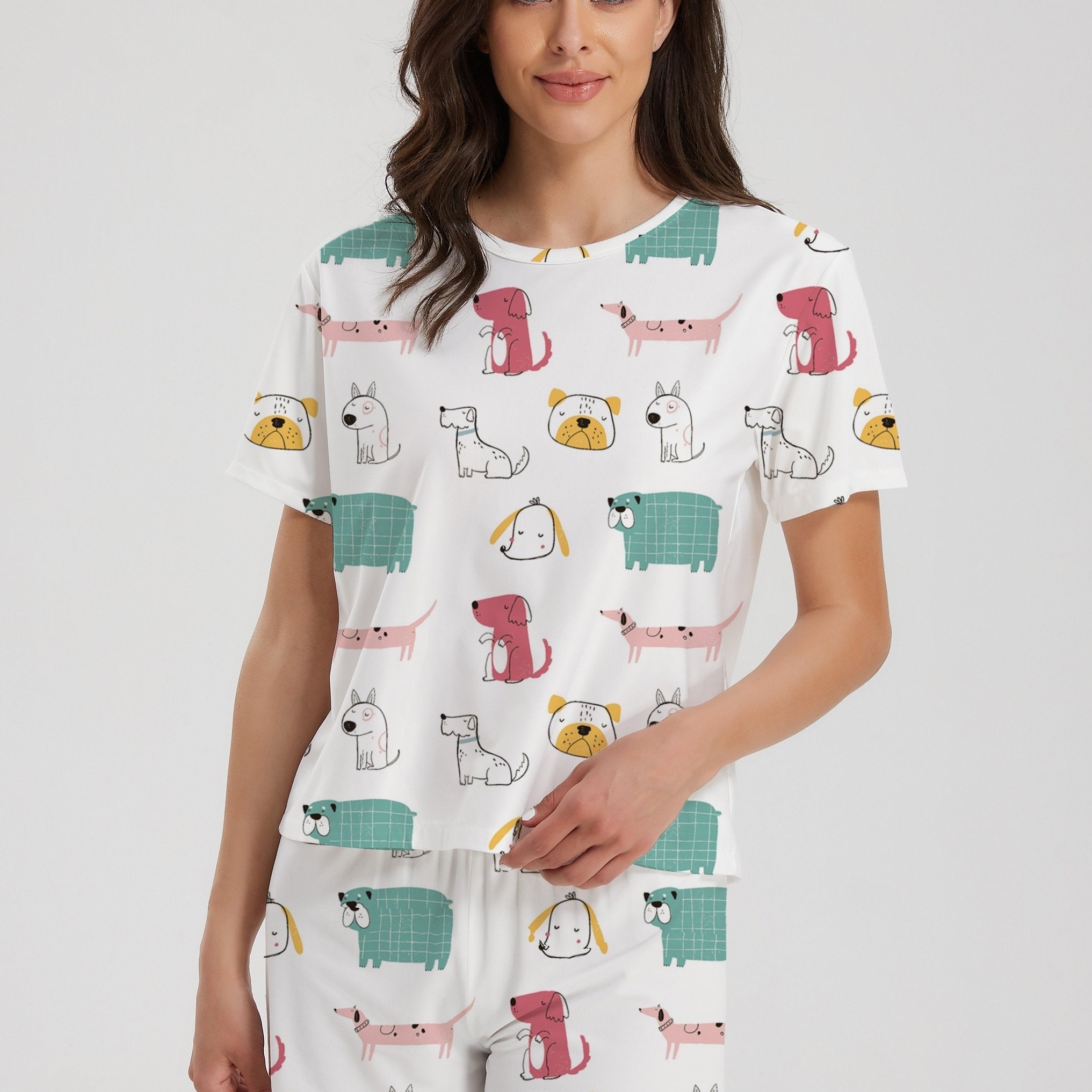 Cartoon Dog Print Lounge Set Short Sleeve Top & Shorts Women's Loungewear