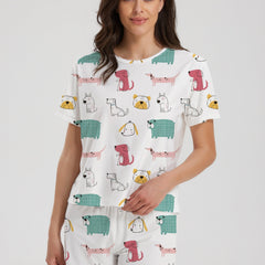 Cartoon Dog Print Lounge Set Short Sleeve Top & Shorts Women's Loungewear