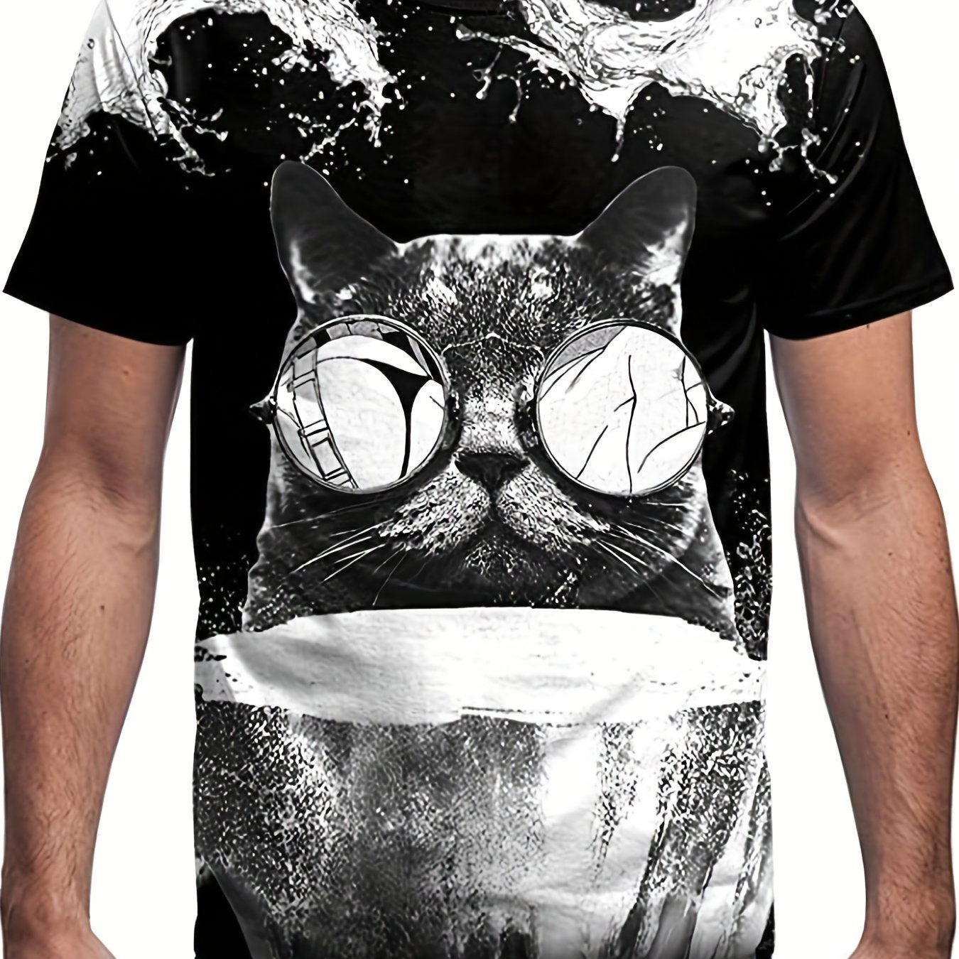 Vintage Cat Graphic T shirt for Men 3D Digital Print Crew Neck Tee