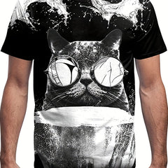 Vintage Cat Graphic T shirt for Men 3D Digital Print Crew Neck Tee