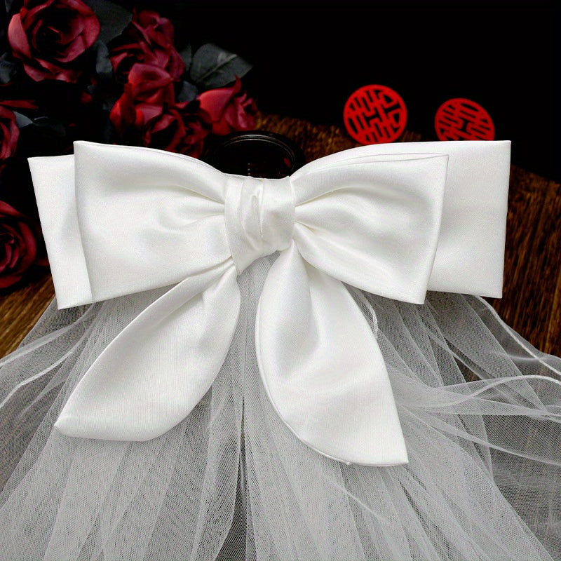 Tulle Bridal Veil Headpiece with Bow Wedding Hair Accessory