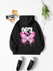 Butterfly Print Hooded Sweatshirt with Kangaroo Pocket