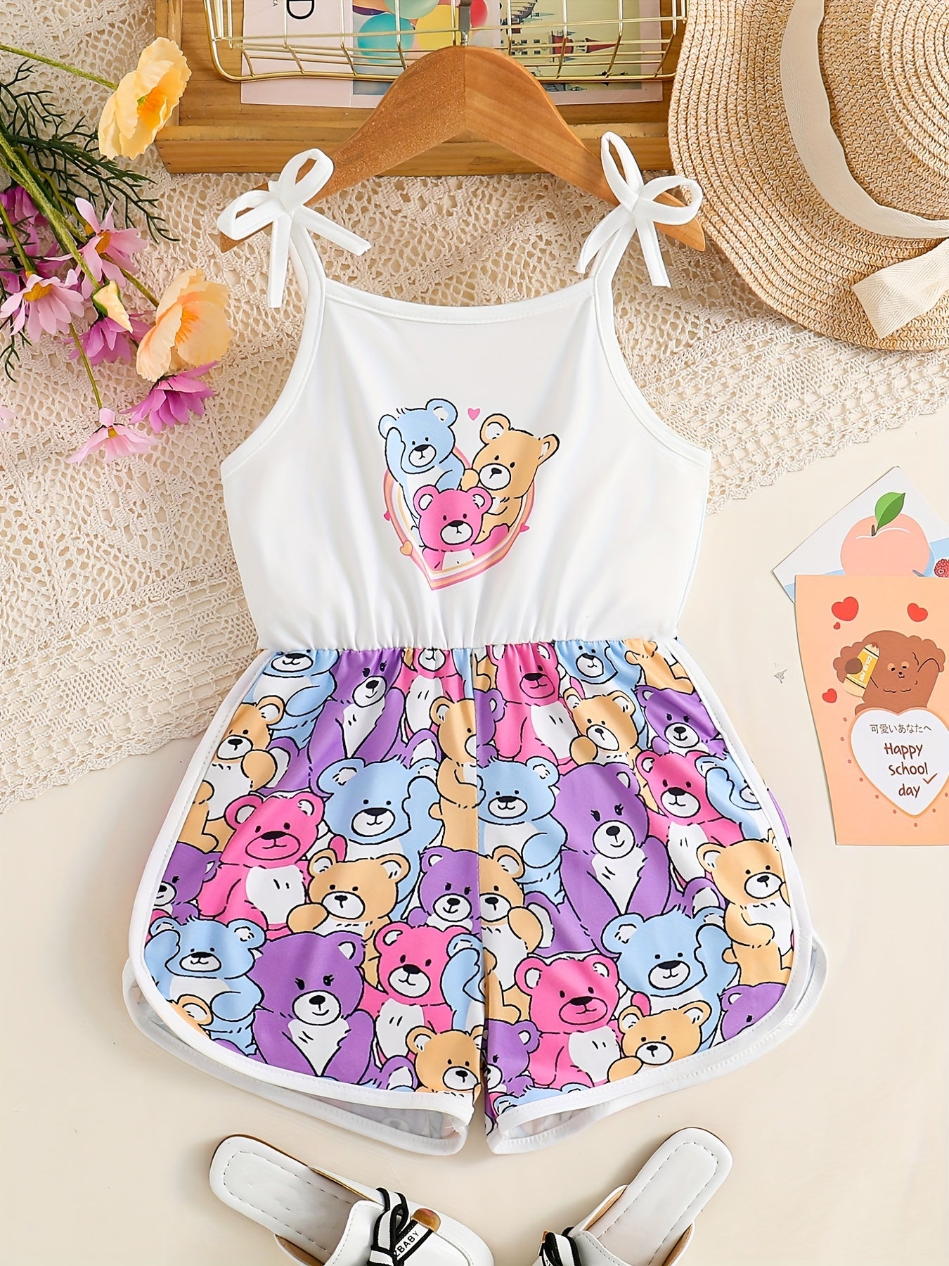 Toddler Girls Cartoon Bear Cami Rompers Jumpsuits for Beach Vacation