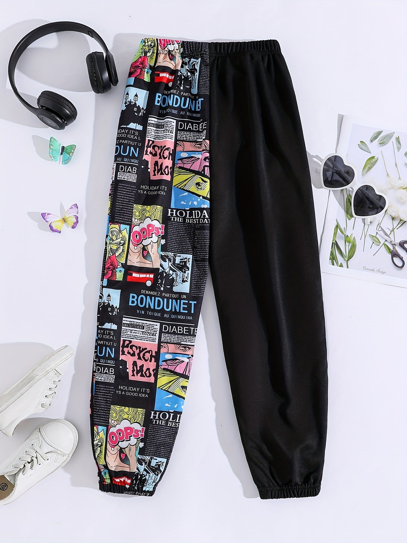Girls Cartoon Anime Patchwork Sweatpants Elastic Waist Sport Jogger Pants