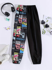 Girls Cartoon Anime Patchwork Sweatpants Elastic Waist Sport Jogger Pants
