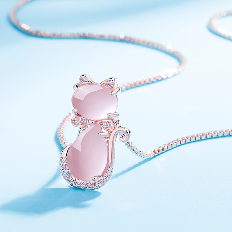 Rose Plated Quartz Pink Crystal Cat Pendant Necklace for Girls