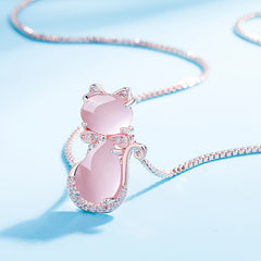 Rose Plated Quartz Pink Crystal Cat Pendant Necklace for Girls