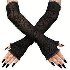 74in Women's Lace Spider Web Witch Gloves for Halloween